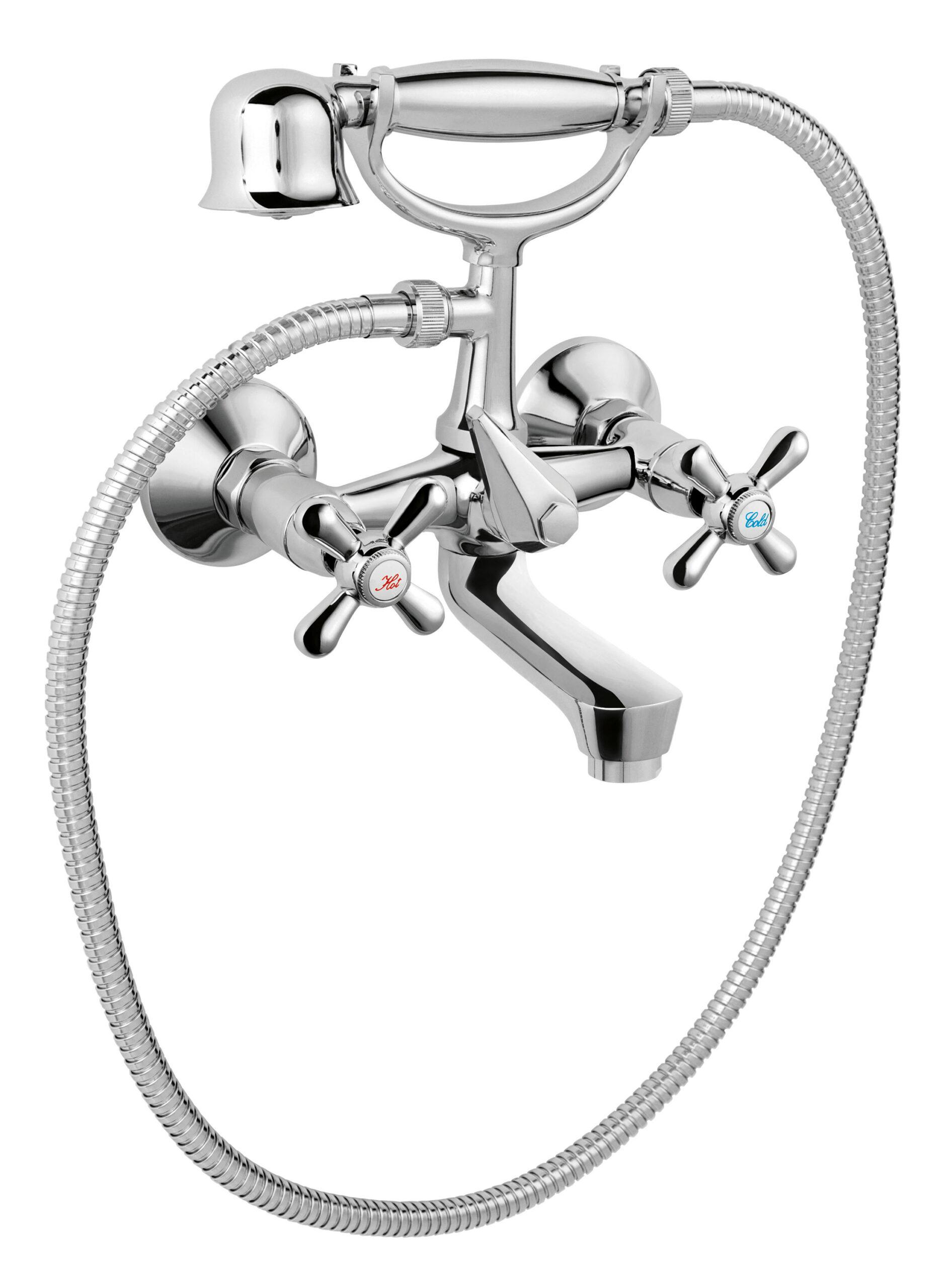 baterie cada cu dus inclus, montare pe perete, culoare crom, retro ferro